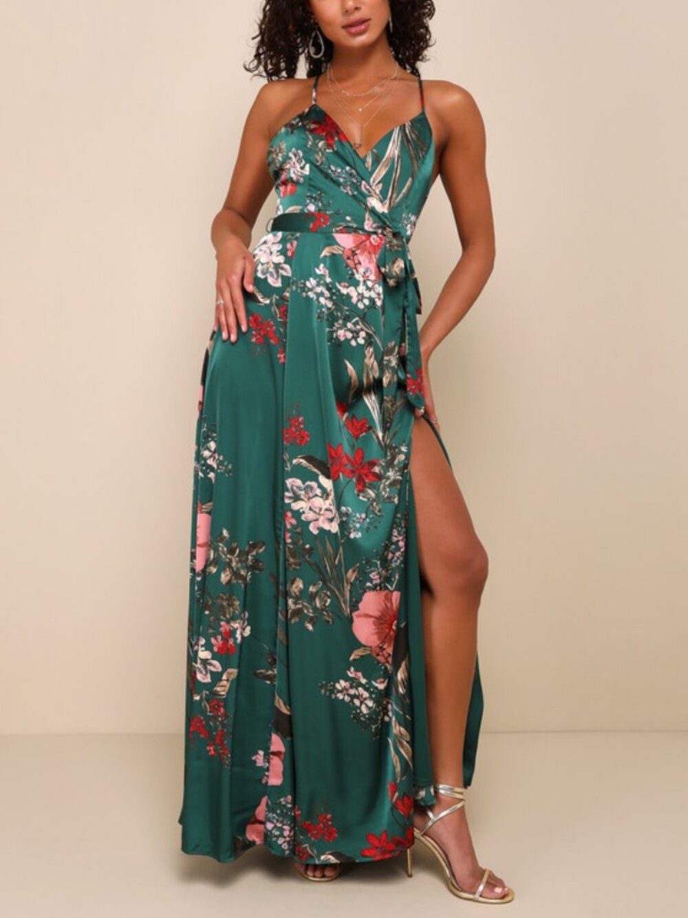 Lulus Still the One Emerald Green Floral Satin Maxi Dress M (No Belt)